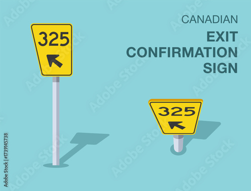 Traffic regulation rules. Isolated canadian "exit confirmation" road sign. Front and top view. Flat vector illustration template.