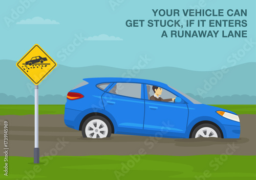 Safe driving tips and traffic regulation rules. Side view of a suv car got stuck on a sandy road. Vehicle can get stuck if it enters an escape lane. Flat vector illustration template.