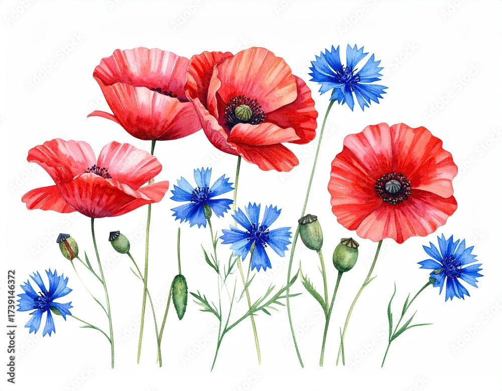 Obraz premium Bright watercolor poppy and cornflower floral illustration