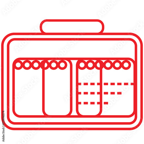 Red line art illustration of a suitcase with contents