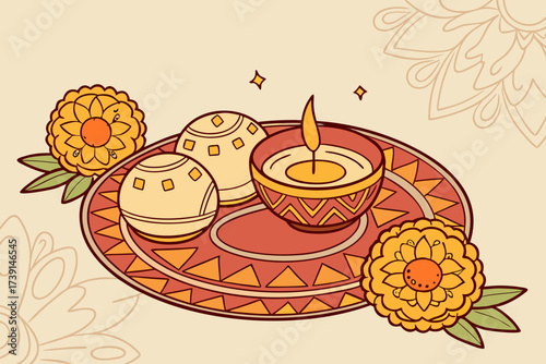 Festive Diwali arrangement with candle and floral elements 
