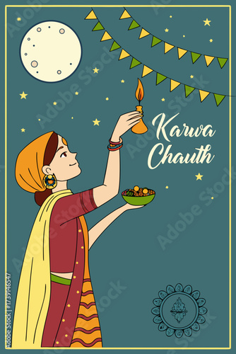 Karwa Chauth celebration illustration with woman lighting lamp under full moon