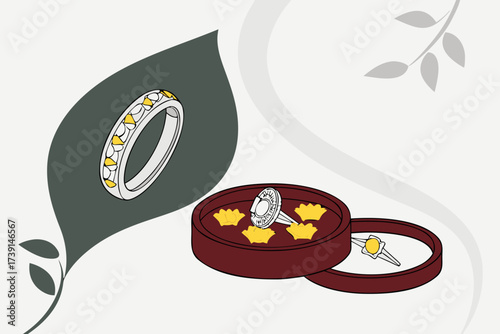 Elegant jewelry display with rings and floral decoration