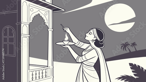 Woman lighting a lamp in a moonlit scene, illustration