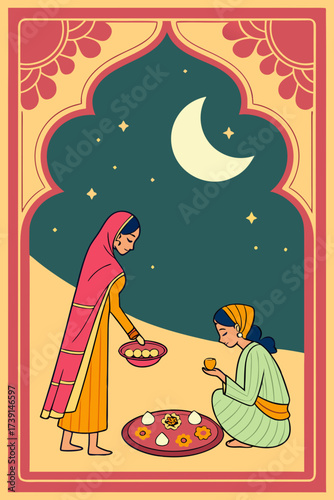 Two woman preparing traditional offering, flat illustration style