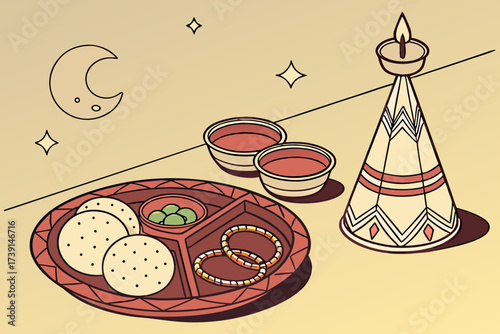 Diwali celebration elements with decorated lamp, food, and jewelry under the moon and stars