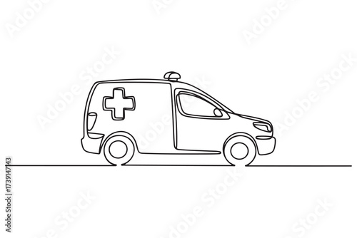 Ambulance car continuous one line drawing isolated on white vector illustration. one line Icon drawing with white background