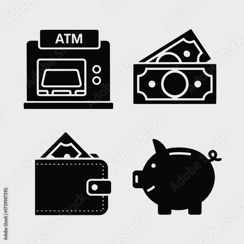 Set of 4 finance icons vector scalable illustration atm cash wallet piggy bank eps clip art silhouette White background