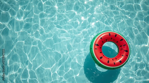 Top View of Inflatable Ring Floating in Swimming Pool on Sunny Day