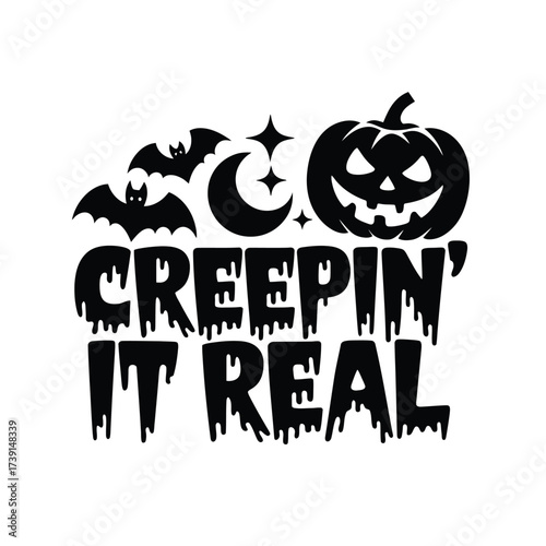 Creepin it real halloween vector graphic with pumpkin bats and moon for eps files silhouette White background