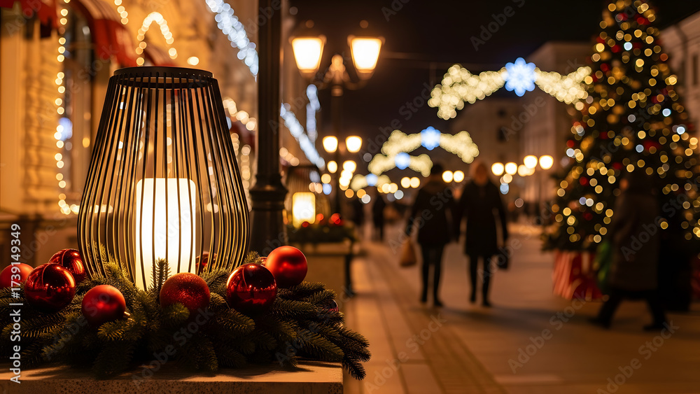 Fototapeta premium a festive street scene at night.