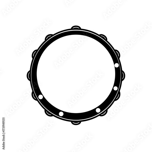 Illustration of a black tambourine outline on transparent background silhouette