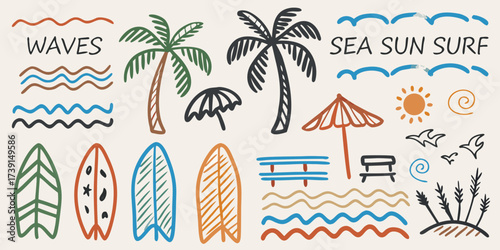 Hand drawn summer beach elements collection with palm trees surfboards sun and waves
