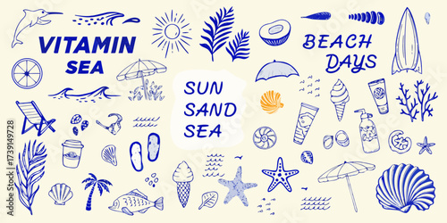Collection of hand drawn beach and summer vacation elements with vitamin sea and sun sand sea text