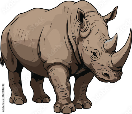 Rhinoceros illustration, realistic rhino, wild animal art, strong mammal, horned beast, safari wildlife, 