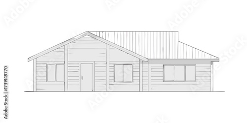 Simple wooden cabin with pitched roof and unfinished attic framing visible