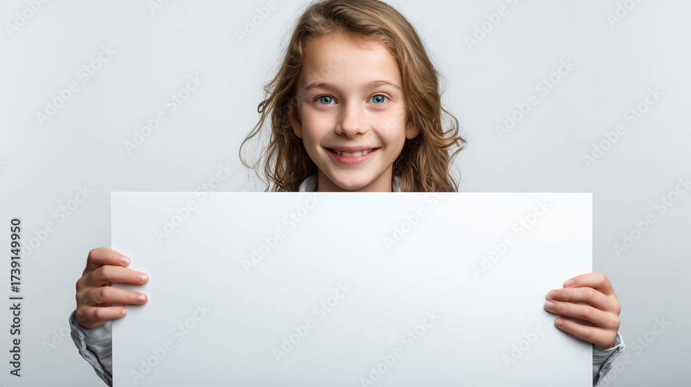 Fototapeta premium 明るく清潔感のあるナチュラルな背景で、満面の笑顔の女の子が、何も描かれていないおしゃれな白いホワイトボードを胸の位置で持っている上半身のクローズアップ写真