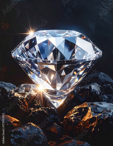 Sparkling diamond on dark rocks