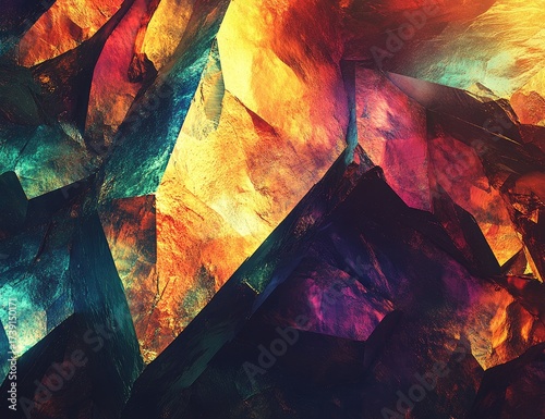 Angular, colorful mineral facets reflecting light