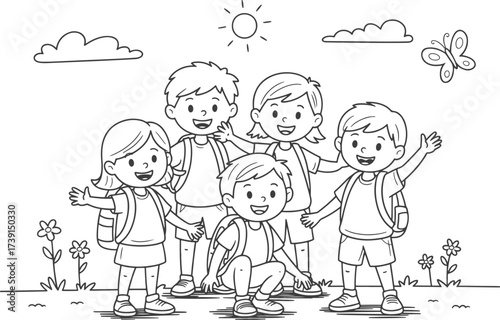 A group of enthusiastic school children stand together, exuding youthful energy and excitement, set against the backdrop of a simple yet inviting environment.
