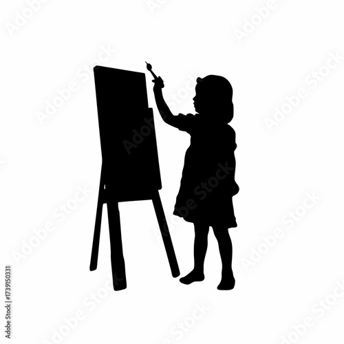 Silhouette of a girl painting on canvas with brush isolated on white background