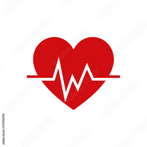 Red heart with white heartbeat line art on transparent background