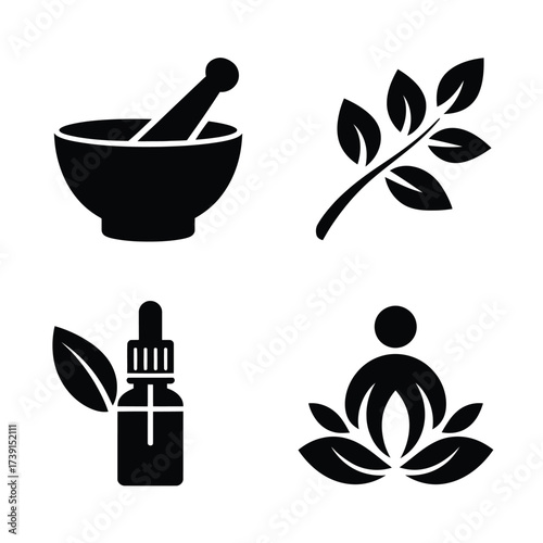 Set of 4 vector silhouette icons representing natural health beauty wellness and herbal remedies silhouette White background