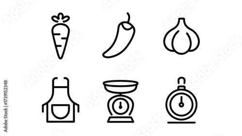 Set of 6 single line vector icons depicting food items and kitchen tools scalable eps illustration silhouette White background