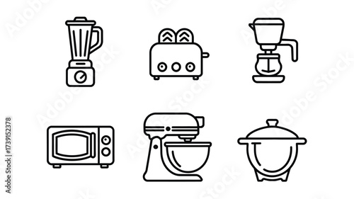 Set of 6 single line vector icons illustrating essential kitchen appliances for digital and print media silhouette White background