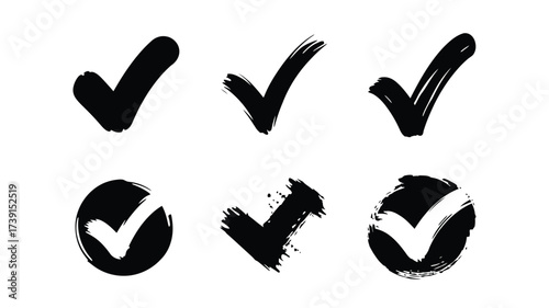 Set of 6 unique vector silhouette check mark icons with grunge brush stroke style for design projects silhouette White background
