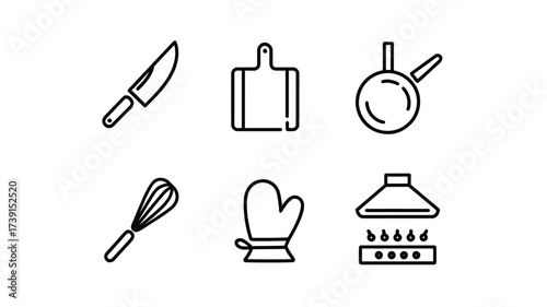 Set of 6 single line vector icons for cooking kitchen utensils and appliances eps scalable illustration silhouette White background