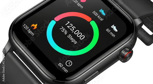 Close up of smart watch with fitness tracker app showing steps, heart rate, and calories burned isolated on white background