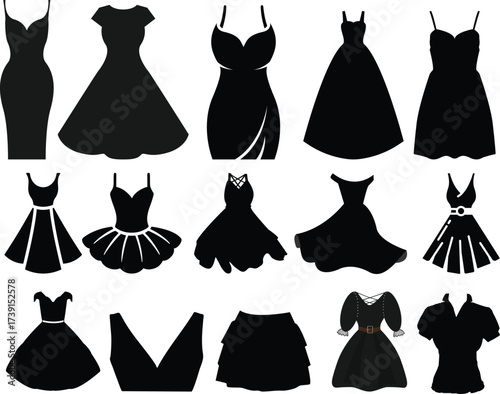 Women black dress icon set.Classic luxury dress.Long maxi, full and floor length dress icon.. Elegant evening gown for glamorous evening and cocktail party. Modern design. Flat vector illustration.