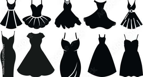 Women black dress icon set.Classic luxury dress.Long maxi, full and floor length dress icon.. Elegant evening gown for glamorous evening and cocktail party. Modern design. Flat vector illustration.