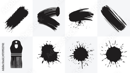 Set of 8 dynamic black ink splatter and brush stroke vector silhouettes scalable eps graphics silhouette White background