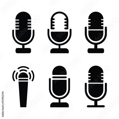 Set of 6 vector silhouette microphones icon collection scalable eps graphics for audio recording and broadcasting silhouette White background