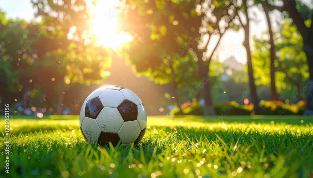 Obraz premium A classic black and white soccer ball is placed on a green grass field