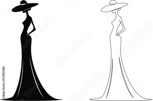 Women black dress icon set.Classic luxury dress.Long maxi, full and floor length dress icon.. Elegant evening gown for glamorous evening and cocktail party. Modern design. Flat vector illustration.