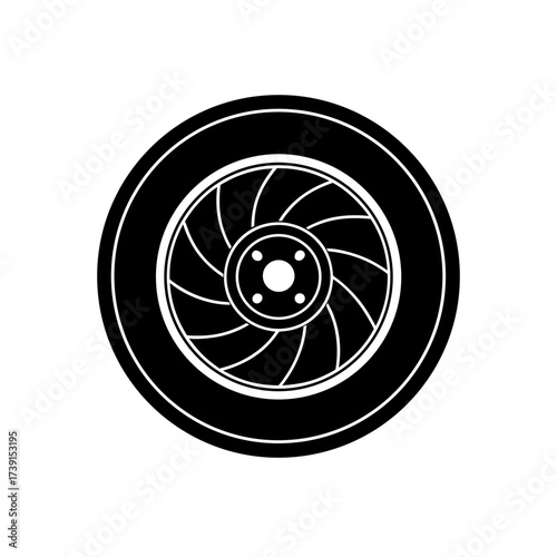 Black and white illustration of a wheel on transparent background silhouette