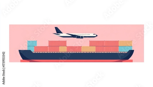 Plane flies over container ship