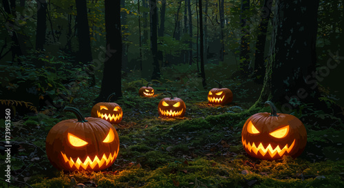 Glowing Jack-o-Lanterns in a Spooky Forest Setting.
