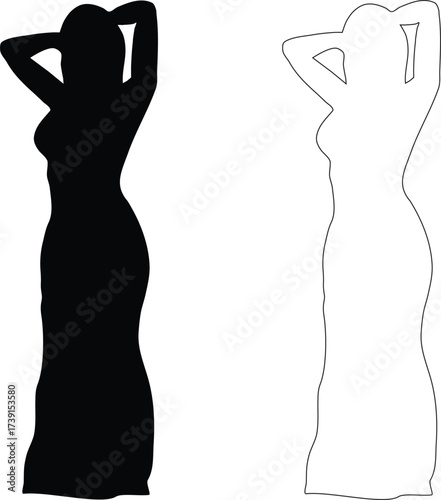 Women black dress icon set.Classic luxury dress.Long maxi, full and floor length dress icon.. Elegant evening gown for glamorous evening and cocktail party. Modern design. Flat vector illustration.