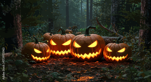 Glowing Jack-o-Lanterns in a Spooky Forest Setting for Halloween.