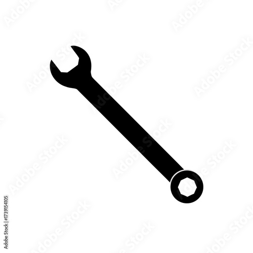 Illustration of a black open end wrench on transparent background silhouette
