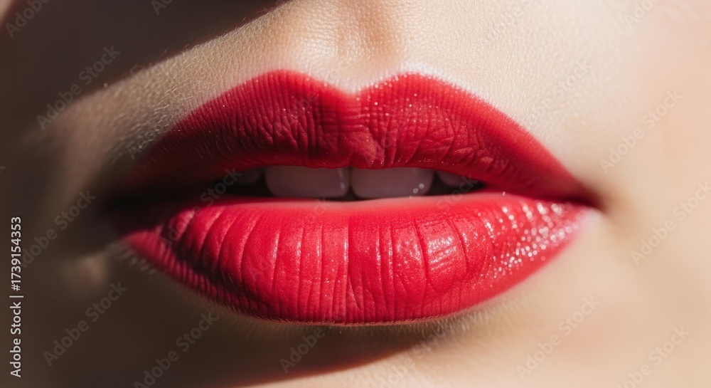 Fototapeta premium Vibrant red lipstick on full, slightly parted lips with a glimpse of white teeth