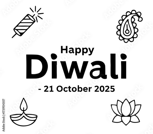 Happy Diwali Vector Greeting Design with Diya, Lotus, Firecracker and Paisley Icons for Festival of Lights Celebration.