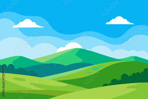 Cartoon landscape with rolling green hills