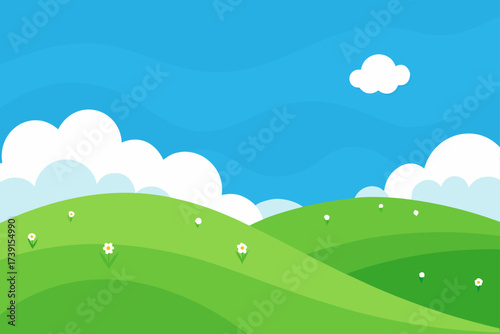 Cartoon landscape with hills and flowers