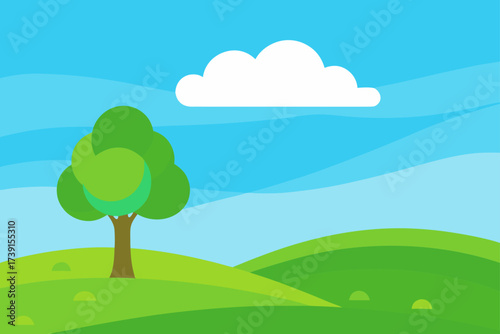 Cartoon landscape with tree and cloudscape