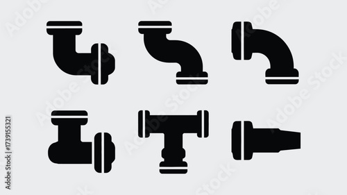 Set of six scalable vector silhouette illustrations of plumbing pipe fittings and connectors for industrial applications silhouette White background